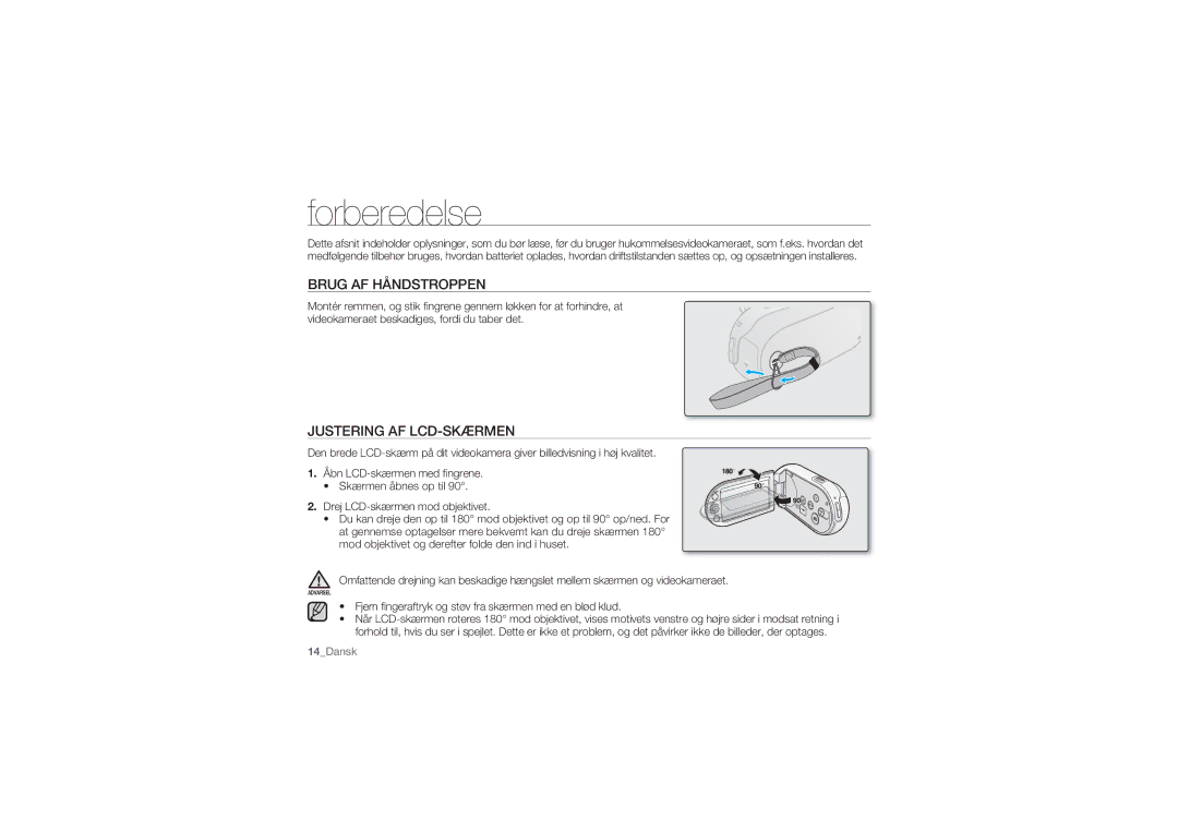 Samsung SMX-C10GP/EDC, SMX-C14RP/EDC, SMX-C10RP/EDC manual Forberedelse, Brug AF Håndstroppen, Justering AF LCD-SKÆRMEN 
