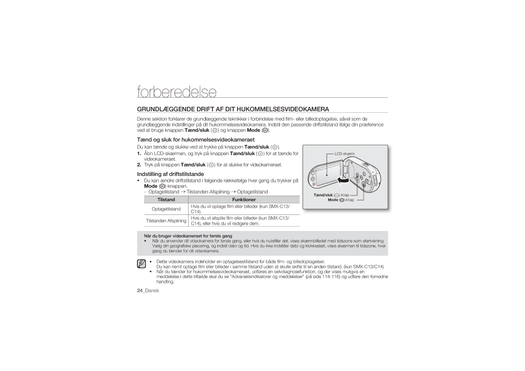 Samsung SMX-C14LP/EDC manual Grundlæggende Drift AF DIT Hukommelsesvideokamera, Tænd og sluk for hukommelsesvideokameraet 