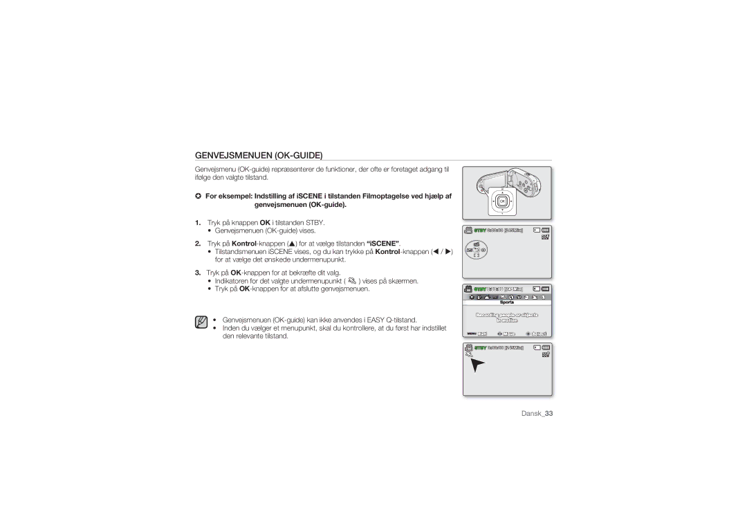 Samsung SMX-C14RP/EDC, SMX-C10GP/EDC, SMX-C10RP/EDC, SMX-C14GP/EDC, SMX-C14LP/EDC, SMX-C10LP/EDC manual Genvejsmenuen OK-GUIDE 