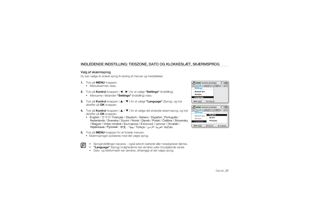 Samsung SMX-C10LP/EDC, SMX-C10GP/EDC, SMX-C14RP/EDC, SMX-C10RP/EDC, SMX-C14GP/EDC, SMX-C14LP/EDC manual Valg af skærmsprog 
