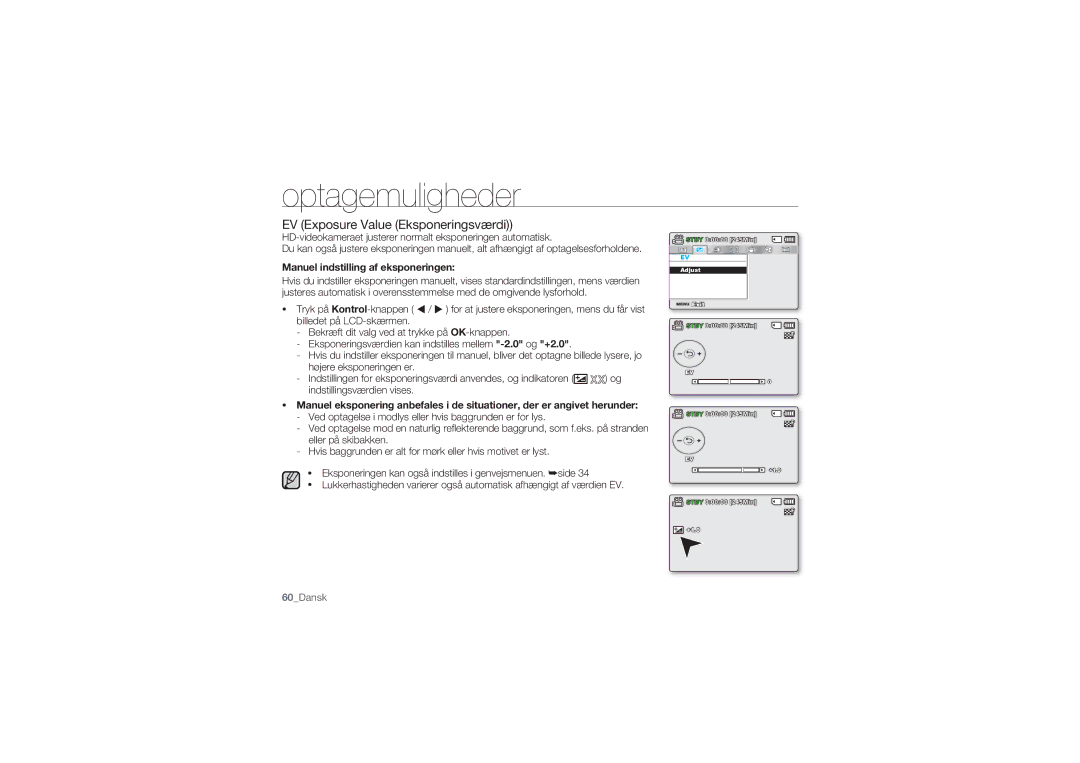 Samsung SMX-C14LP/EDC, SMX-C10GP/EDC manual EV Exposure Value Eksponeringsværdi, Manuel indstilling af eksponeringen 