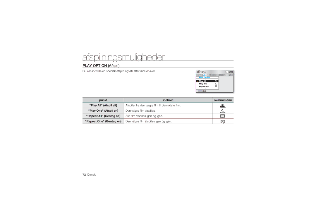 Samsung SMX-C14LP/EDC manual Play Option Afspil, Afspiller fra den valgte ﬁlm til den sidste ﬁlm, Den valgte ﬁlm afspilles 