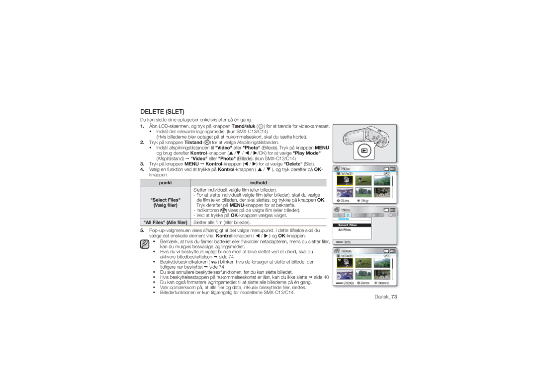 Samsung SMX-C10LP/EDC, SMX-C10GP/EDC, SMX-C14RP/EDC, SMX-C10RP/EDC, SMX-C14GP/EDC, SMX-C14LP/EDC manual Delete Slet, Vælg ﬁler 
