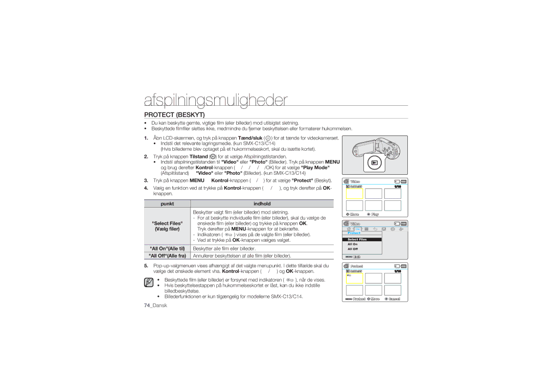 Samsung SMX-C10GP/EDC, SMX-C14RP/EDC, SMX-C10RP/EDC manual Protect Beskyt, Annullerer beskyttelsen af alle ﬁlm eller billeder 