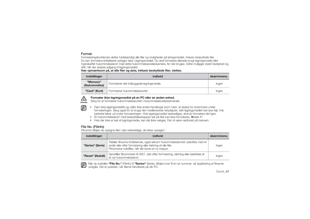 Samsung SMX-C14RP/EDC manual File No. Filinfo, Formaterer hukommelseskortet, Et nyt hukommelseskort, Reset Nulstil 