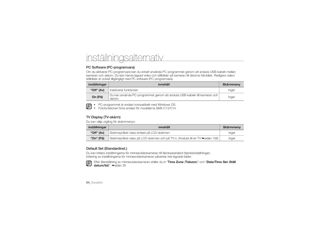 Samsung SMX-C10RP/EDC, SMX-C10GP/EDC manual PC Software PC-programvara, TV Display TV-skärm, Default Set Standardinst 