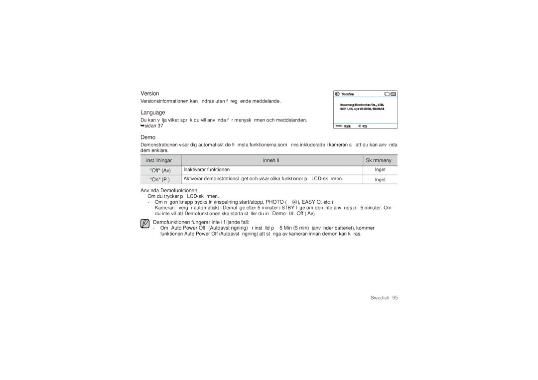 Samsung SMX-C14GP/EDC manual Version, Language, Använda Demofunktionen, Demofunktionen fungerar inte i följande fall 