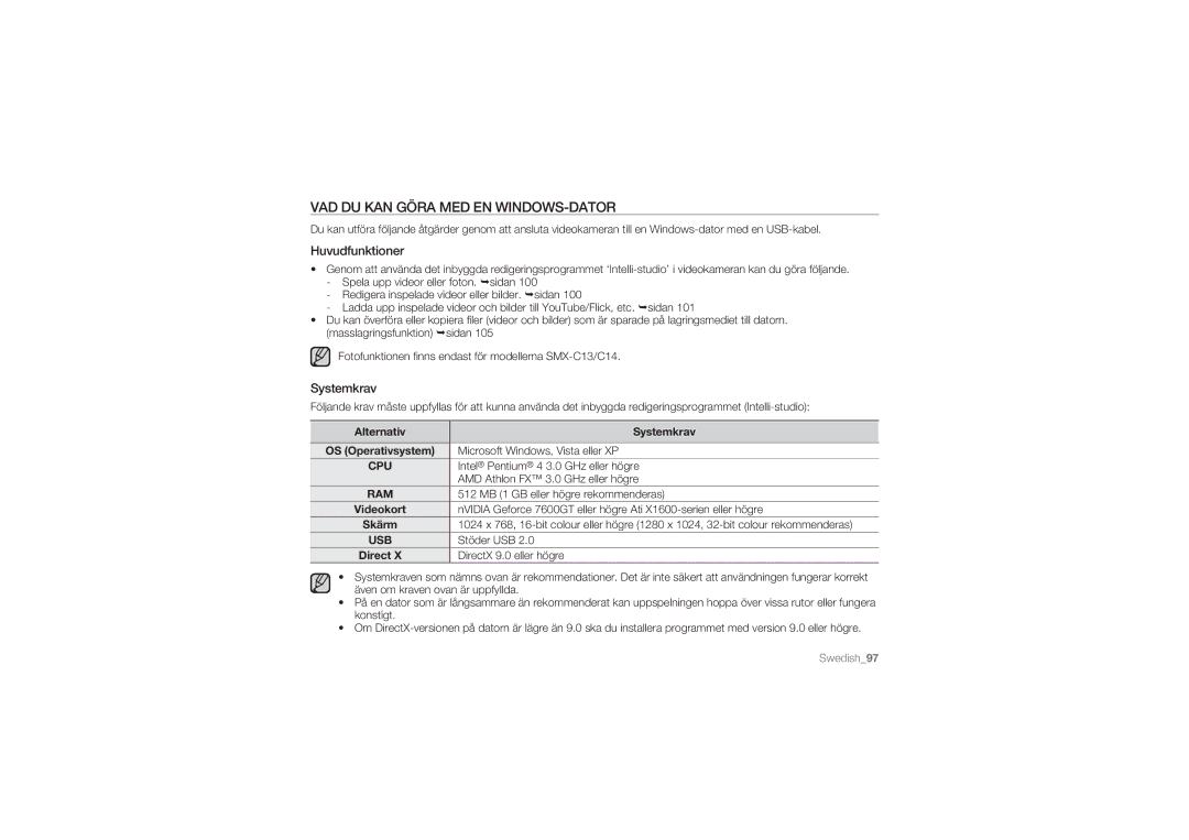 Samsung SMX-C10LP/EDC, SMX-C10GP/EDC manual VAD DU KAN Göra MED EN WINDOWS-DATOR, Huvudfunktioner, Alternativ Systemkrav 