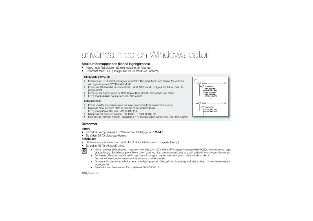 Samsung SMX-C10RP/EDC, SMX-C10GP/EDC manual Struktur för mappar och ﬁler på lagringsmedia, Bildformat, Filmﬁl, Fotobilder 