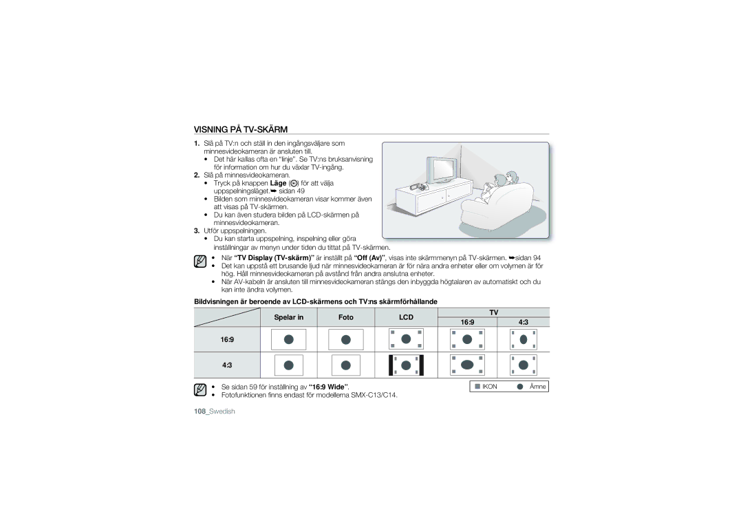 Samsung SMX-C14LP/EDC, SMX-C10GP/EDC, SMX-C14RP/EDC manual Visning PÅ TV-SKÄRM, Se sidan 59 för inställning av 169 Wide 