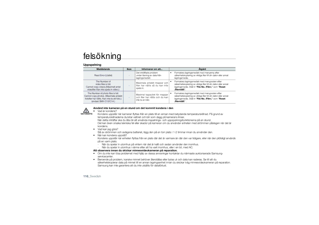 Samsung SMX-C10GP/EDC, SMX-C14RP/EDC, SMX-C10RP/EDC, SMX-C14GP/EDC Uppspelning, Meddelande Ikon Informerar om att Åtgärd 