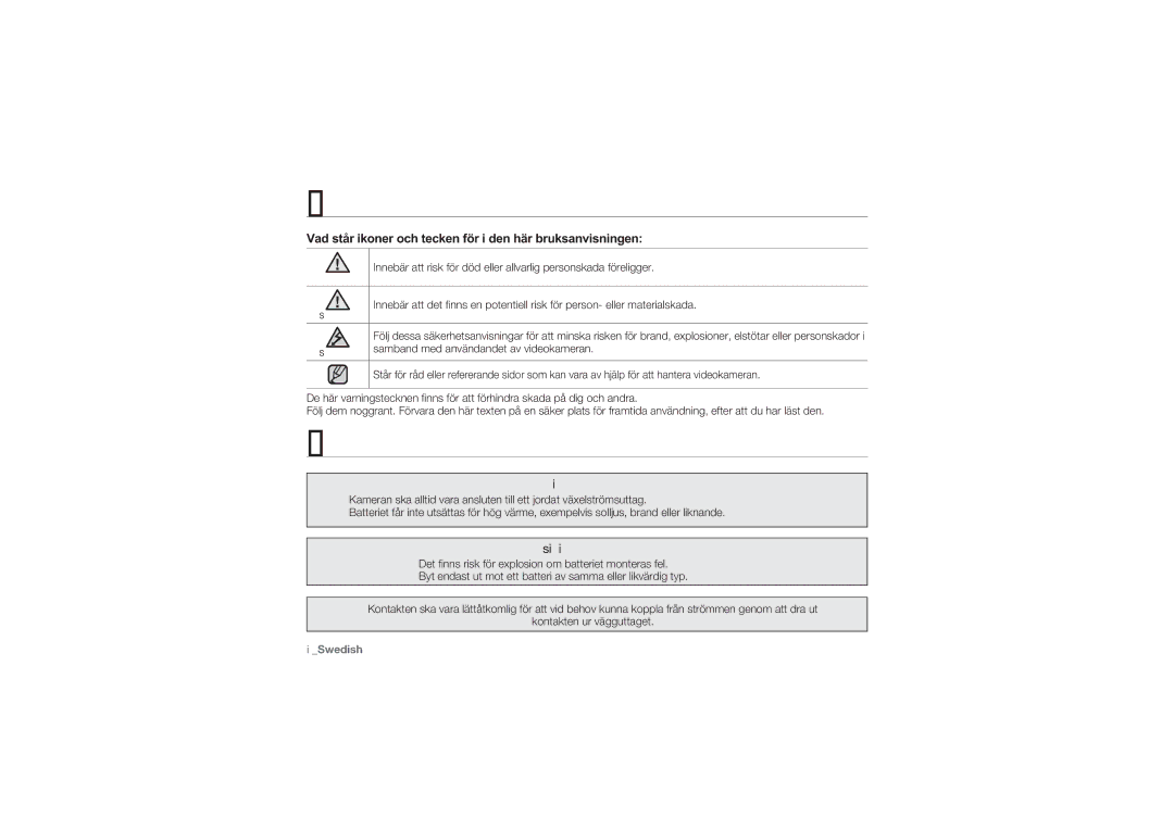 Samsung SMX-C14LP/EDC manual Säkerhetsföreskrifter, Vad står ikoner och tecken för i den här bruksanvisningen, Varning 