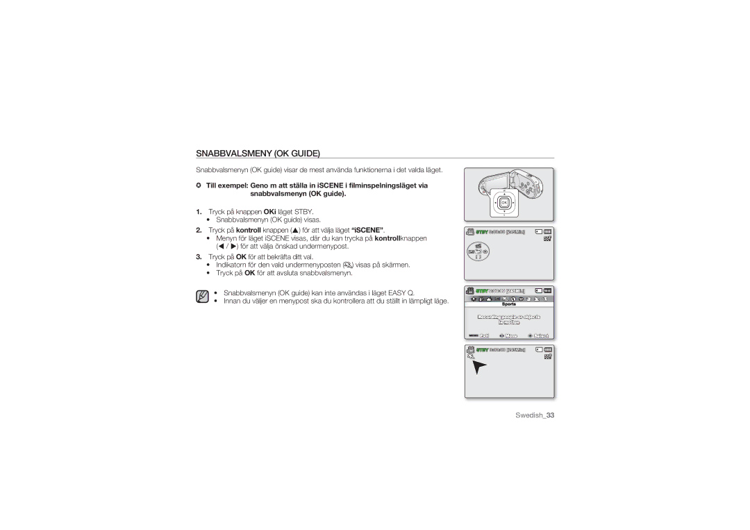 Samsung SMX-C14RP/EDC, SMX-C10GP/EDC, SMX-C10RP/EDC, SMX-C14GP/EDC, SMX-C14LP/EDC, SMX-C10LP/EDC manual Snabbvalsmeny OK Guide 