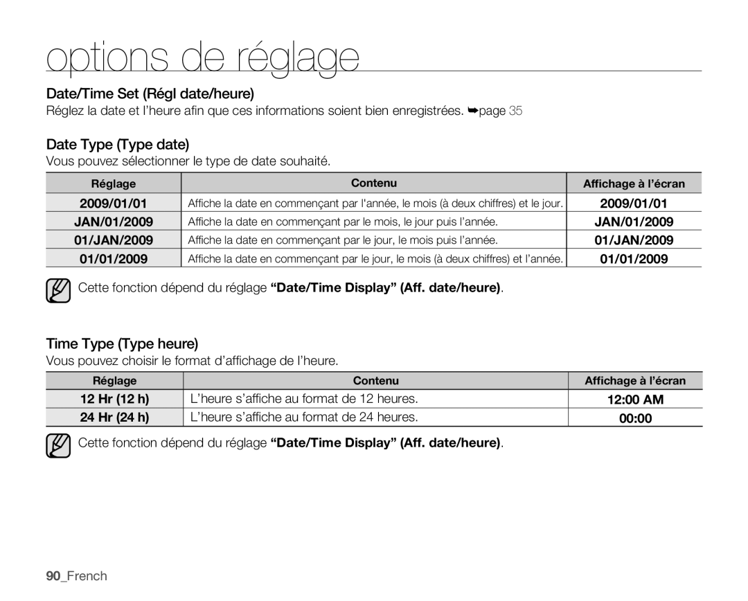 Samsung SMX-C100GP/EDC, SMX-C10GP/XEU manual Date/Time Set Régl date/heure, Date Type Type date, Time Type Type heure 