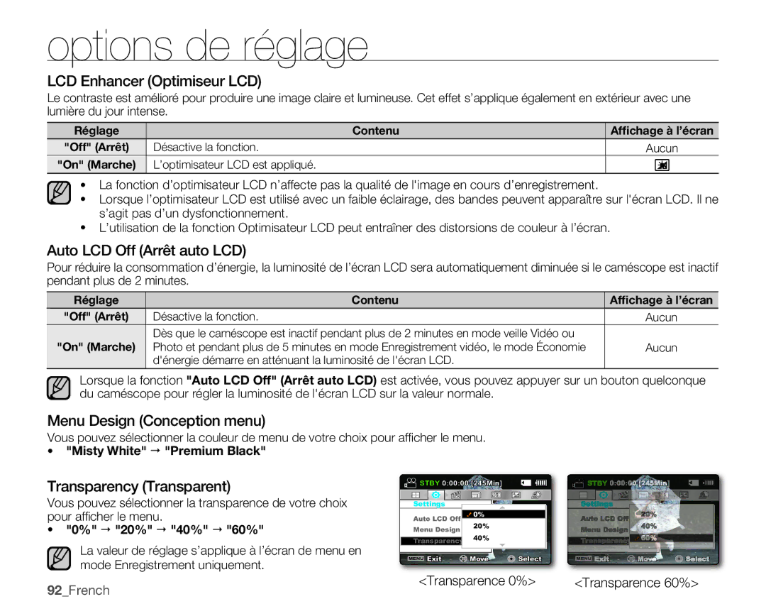 Samsung SMX-C10GP/XEU LCD Enhancer Optimiseur LCD, Auto LCD Off Arrêt auto LCD, Menu Design Conception menu, 92French 