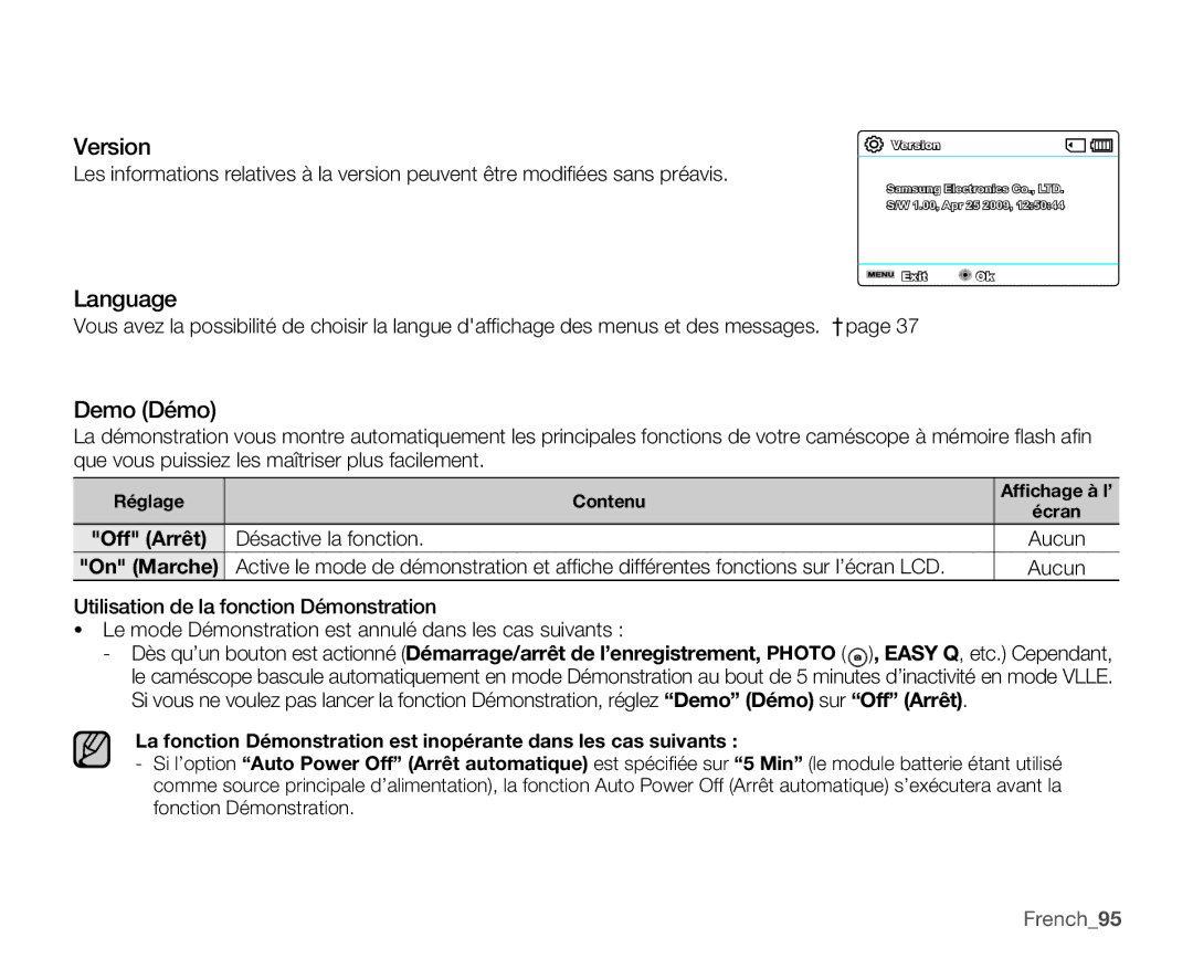 Samsung SMX-C10RP/EDC, SMX-C10GP/XEU, SMX-C10GP/EDC, SMX-C14RP/EDC, SMX-C100GP/EDC Version, Language, Demo Démo, French95 