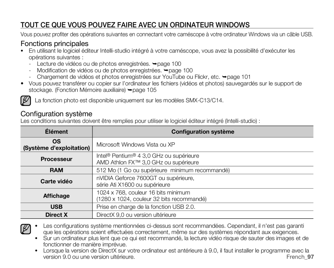 Samsung SMX-C14GP/EDC, SMX-C10GP/XEU manual Tout CE QUE Vous Pouvez Faire Avec UN Ordinateur Windows, Fonctions principales 