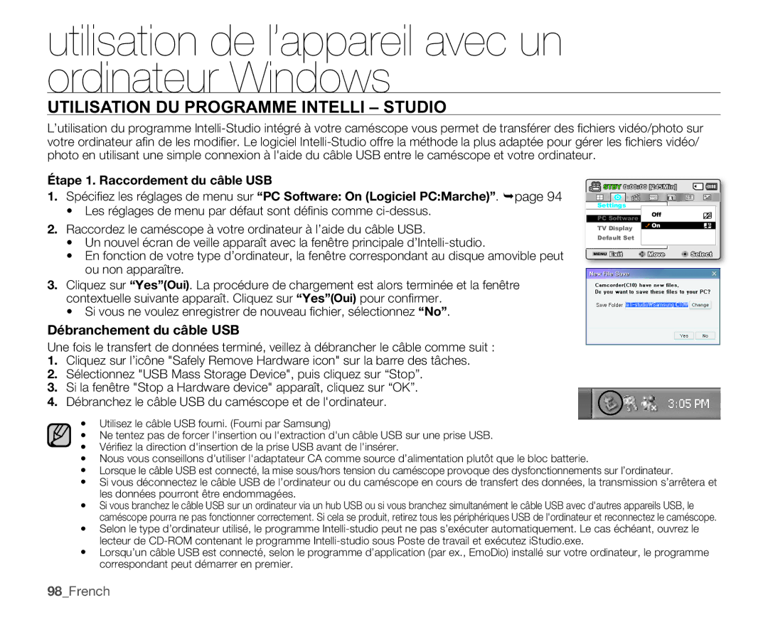 Samsung SMX-C10GP/XEU, SMX-C10GP/EDC, SMX-C14RP/EDC, SMX-C10RP/EDC, SMX-C100GP/EDC manual Débranchement du câble USB, 98French 