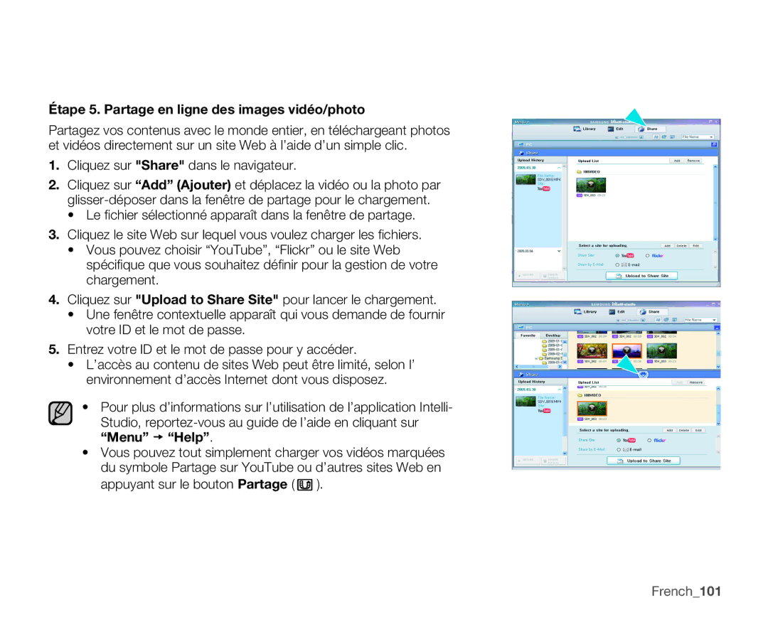 Samsung SMX-C10RP/EDC Étape 5. Partage en ligne des images vidéo/photo, Cliquez sur Share dans le navigateur, French101 