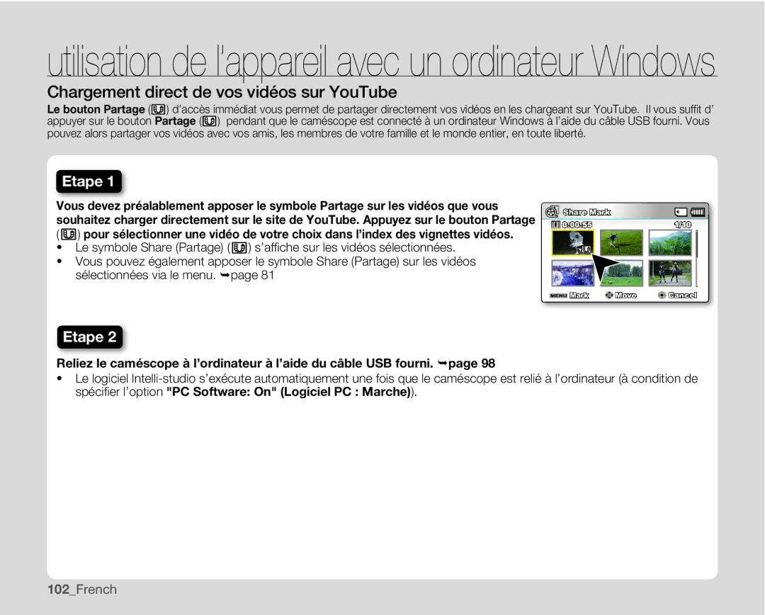 Samsung SMX-C100GP/EDC, SMX-C10GP/XEU, SMX-C10GP/EDC, SMX-C14RP/EDC Chargement direct de vos vidéos sur YouTube, 102French 