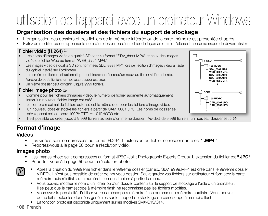 Samsung SMX-C14RP/EDC, SMX-C10GP/XEU manual Vidéos, Images photo, Fichier vidéo H.264 y, Fichier image photo z, 106French 