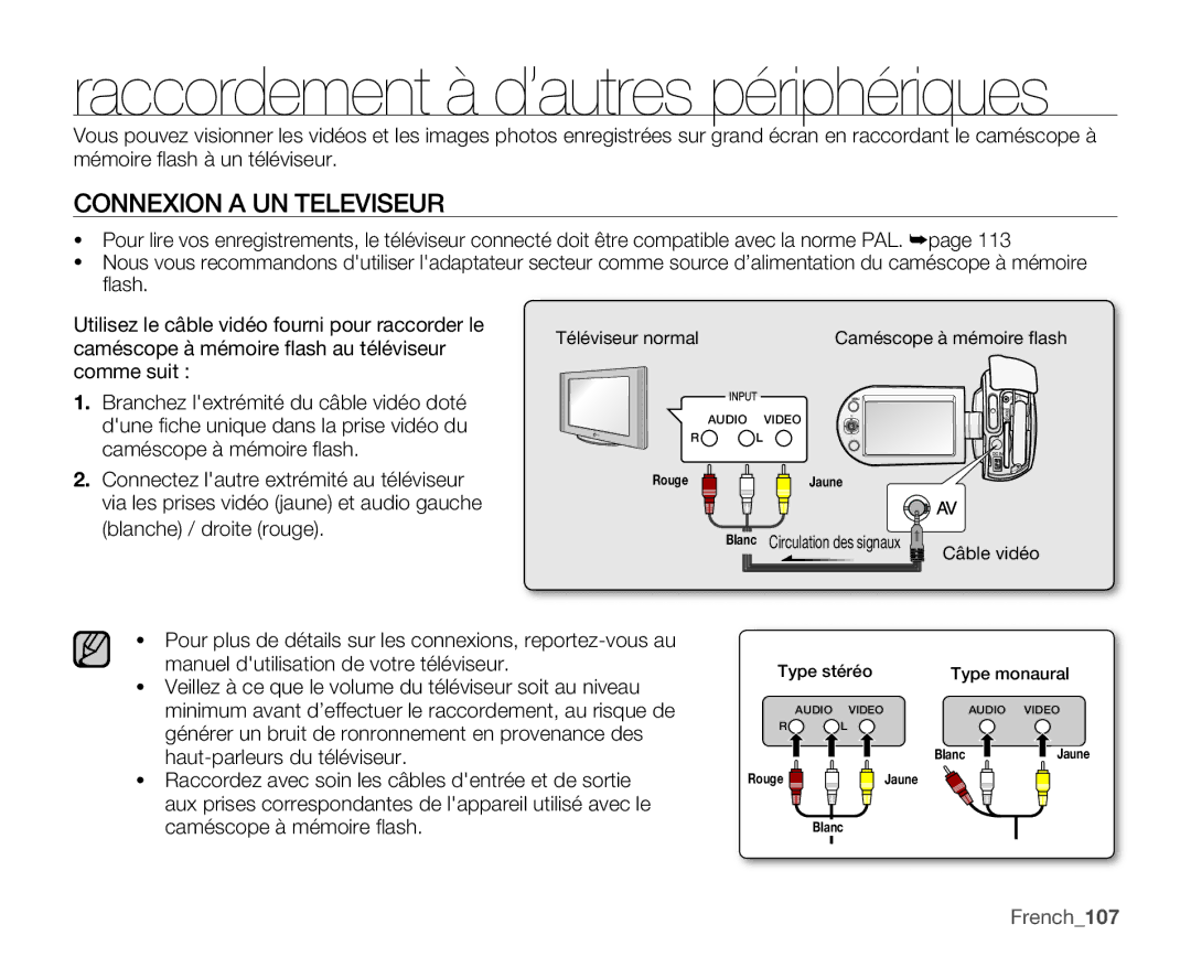 Samsung SMX-C10RP/EDC, SMX-C10GP/XEU, SMX-C10GP/EDC, SMX-C14RP/EDC, SMX-C100GP/EDC manual Connexion a UN Televiseur, French107 