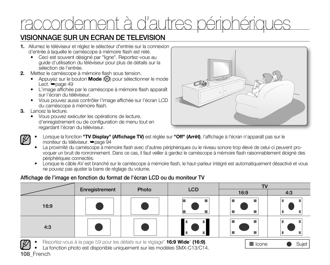 Samsung SMX-C100GP/EDC, SMX-C10GP/XEU, SMX-C10GP/EDC, SMX-C14RP/EDC manual Visionnage SUR UN Ecran DE Television, 108French 