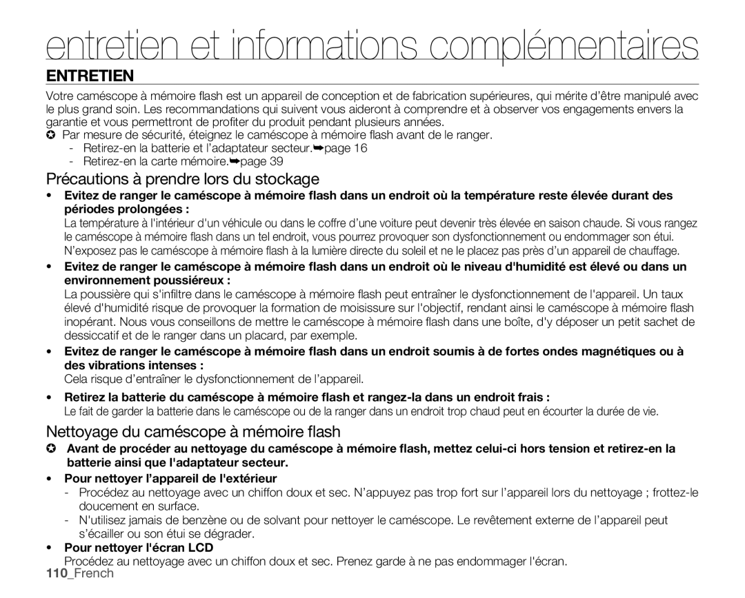 Samsung SMX-C10GP/XEU manual Précautions à prendre lors du stockage, Nettoyage du caméscope à mémoire ﬂash, 110French 