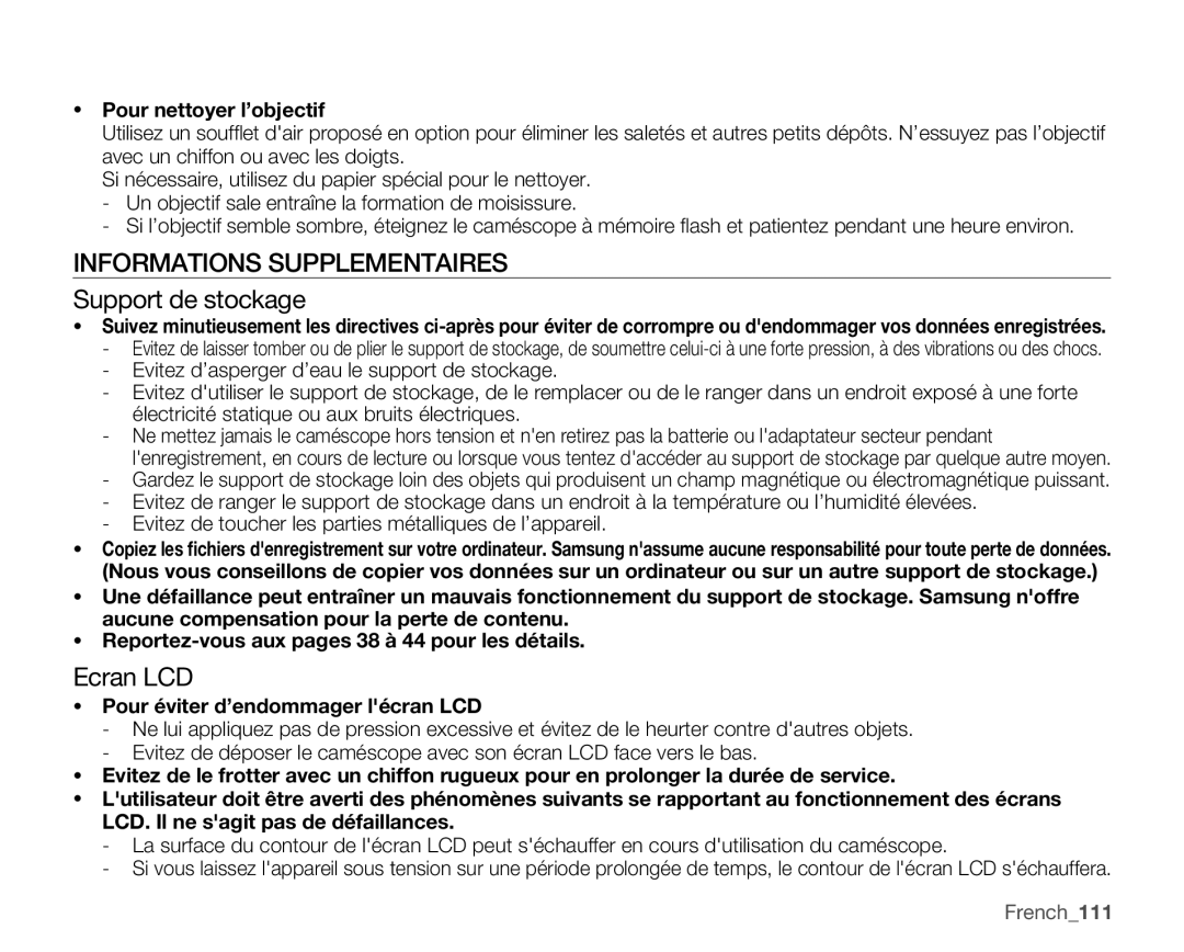 Samsung SMX-C10GP/EDC manual Informations Supplementaires, Support de stockage, Ecran LCD, Pour nettoyer l’objectif 