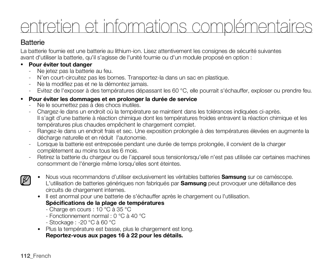 Samsung SMX-C14RP/EDC manual Batterie, Pour éviter tout danger, Spéciﬁcations de la plage de températures, 112French 