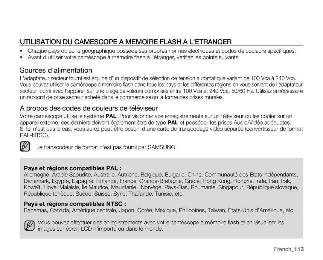 Samsung SMX-C10RP/EDC, SMX-C10GP/XEU manual Utilisation DU Camescope a Memoire Flash a Letranger, Sources dalimentation 