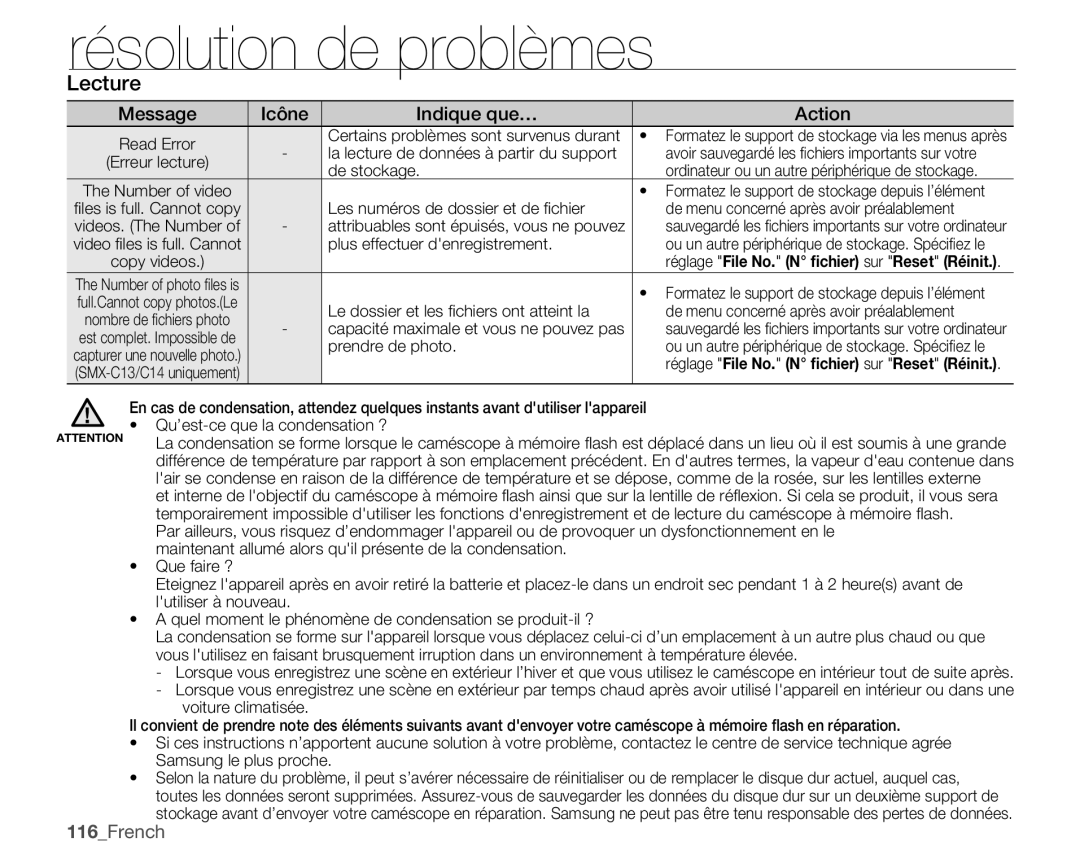 Samsung SMX-C10GP/XEU, SMX-C10GP/EDC, SMX-C14RP/EDC, SMX-C10RP/EDC, SMX-C100GP/EDC, SMX-C14GP/EDC manual Lecture, 116French 