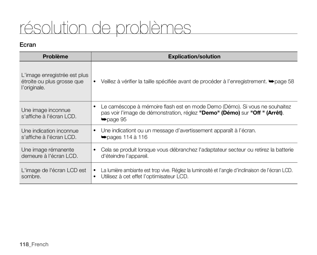 Samsung SMX-C14RP/EDC manual Ecran, ’image enregistrée est plus Étroite ou plus grosse que, ’originale Une image inconnue 