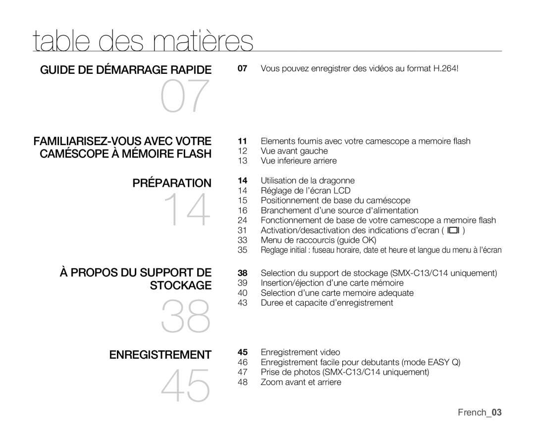 Samsung SMX-C10GP/EDC Table des matières, Enregistrement, French03, Vous pouvez enregistrer des vidéos au format H.264 