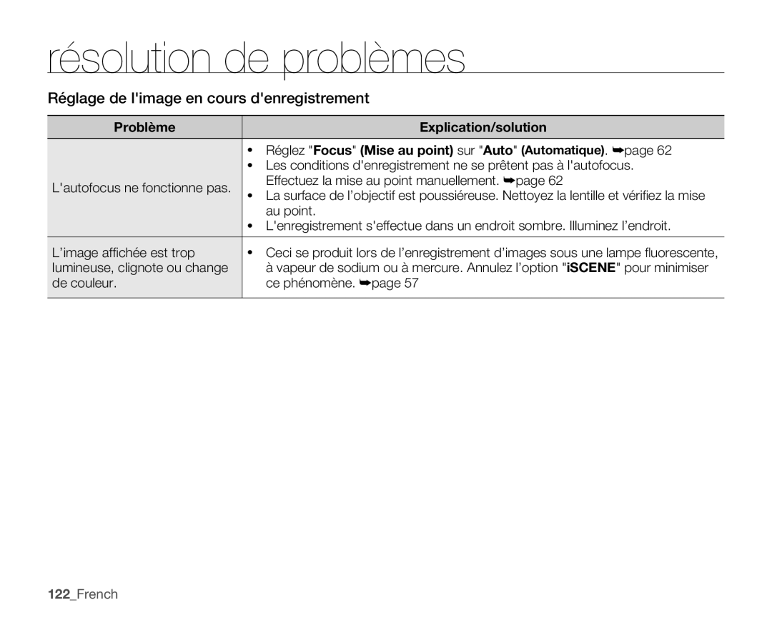 Samsung SMX-C10GP/XEU, SMX-C10GP/EDC, SMX-C14RP/EDC, SMX-C10RP/EDC Réglage de limage en cours denregistrement, 122French 