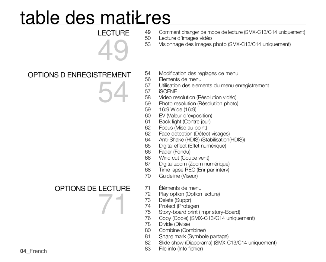 Samsung SMX-C14RP/EDC, SMX-C10GP/XEU, SMX-C10GP/EDC, SMX-C10RP/EDC manual Options D’ENREGISTREMENT, Options DE Lecture 