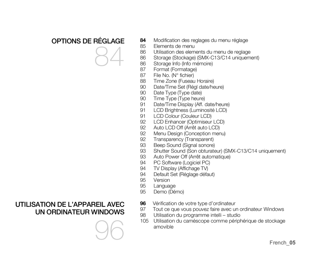 Samsung SMX-C10RP/EDC, SMX-C10GP/XEU, SMX-C10GP/EDC, SMX-C14RP/EDC, SMX-C100GP/EDC, SMX-C14GP/EDC Options DE Réglage, French05 