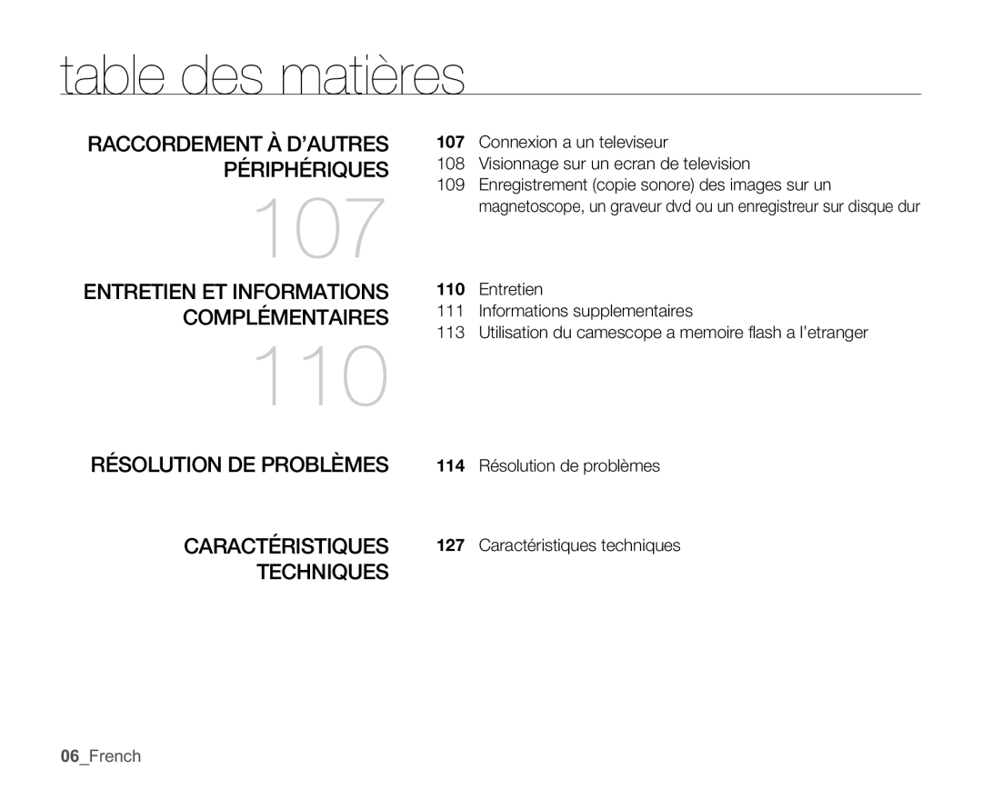 Samsung SMX-C100GP/EDC manual Raccordement À D’AUTRES Périphériques, Entretien ET Informations Complémentaires, 06French 