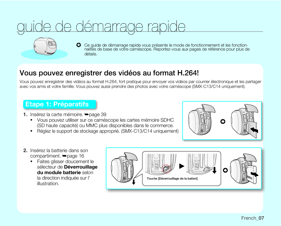 Samsung SMX-C14GP/EDC, SMX-C10GP/XEU, SMX-C10GP/EDC Guide de démarrage rapide, Insérez la carte mémoire. ²page, French07 