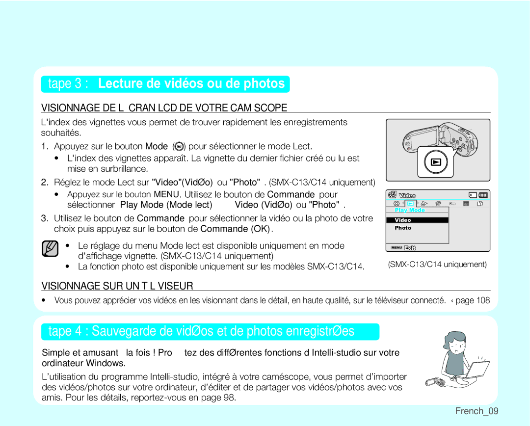 Samsung SMX-C10GP/EDC, SMX-C10GP/XEU, SMX-C14RP/EDC, SMX-C10RP/EDC manual Étape 3 Lecture de vidéos ou de photos, French09 