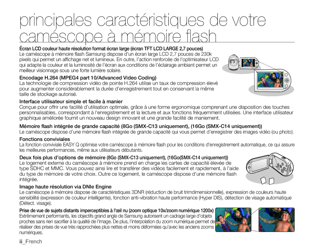 Samsung SMX-C14RP/EDC, SMX-C10GP/XEU, SMX-C10GP/EDC, SMX-C10RP/EDC, SMX-C100GP/EDC, SMX-C14GP/EDC manual IiFrench 