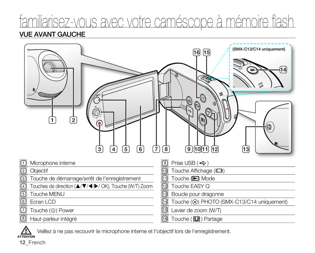 Samsung SMX-C100GP/EDC, SMX-C10GP/XEU, SMX-C10GP/EDC, SMX-C14RP/EDC VUE Avant Gauche, Microphone interne Objectif, 12French 