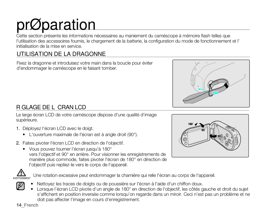 Samsung SMX-C10GP/XEU, SMX-C10GP/EDC manual Préparation, Utilisation DE LA Dragonne, Réglage DE L’ÉCRAN LCD, 14French 