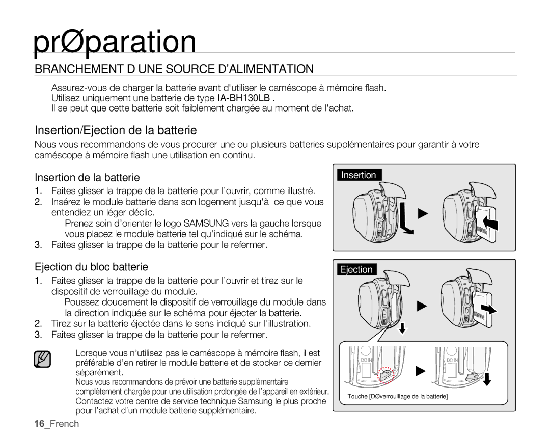 Samsung SMX-C14RP/EDC manual Branchement D’UNE Source Dalimentation, Insertion de la batterie, Ejection du bloc batterie 