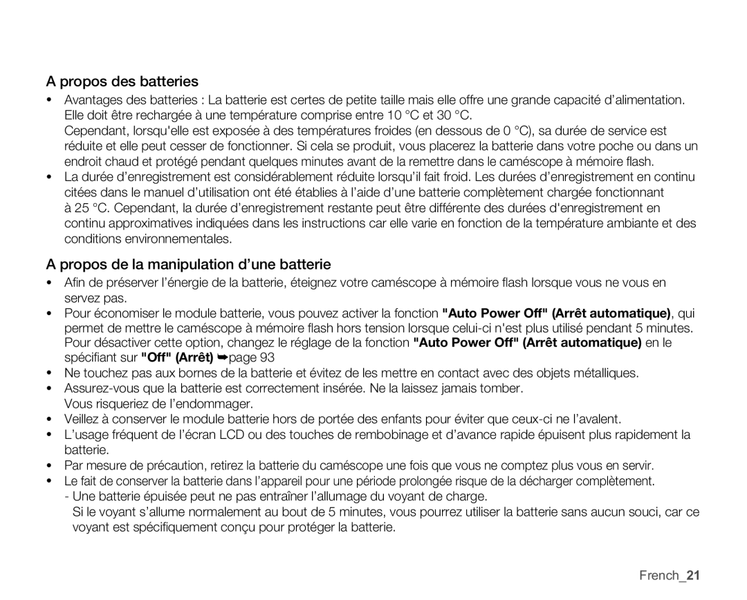 Samsung SMX-C10GP/EDC, SMX-C10GP/XEU manual Propos des batteries, Propos de la manipulation d’une batterie, French21 