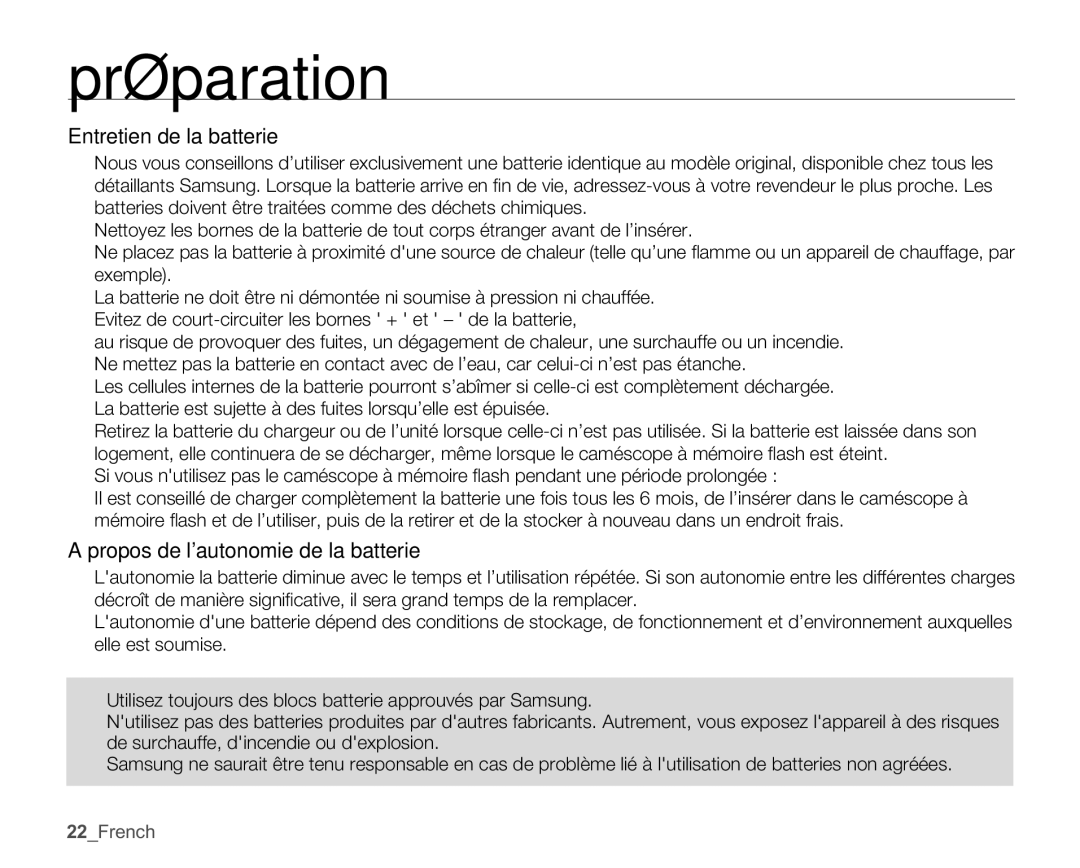 Samsung SMX-C14RP/EDC, SMX-C10GP/XEU, SMX-C10GP/EDC Entretien de la batterie, Propos de lautonomie de la batterie, 22French 