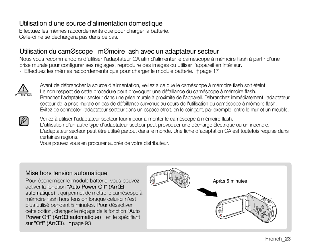 Samsung SMX-C10RP/EDC, SMX-C10GP/XEU, SMX-C10GP/EDC, SMX-C14RP/EDC, SMX-C100GP/EDC Mise hors tension automatique, French23 