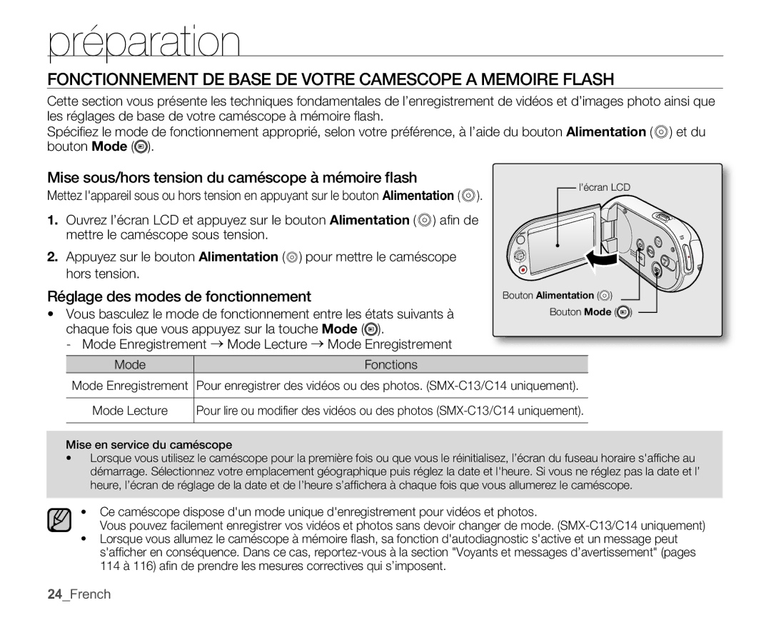 Samsung SMX-C100GP/EDC Fonctionnement DE Base DE Votre Camescope a Memoire Flash, Réglage des modes de fonctionnement 