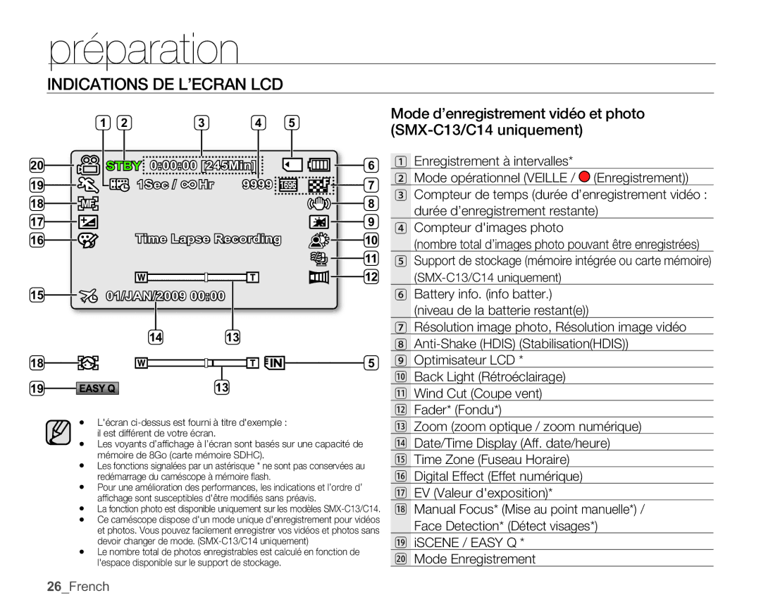 Samsung SMX-C10GP/XEU, SMX-C10GP/EDC, SMX-C14RP/EDC Mode d’enregistrement vidéo et photo, SMX-C13/C14 uniquement, 26French 