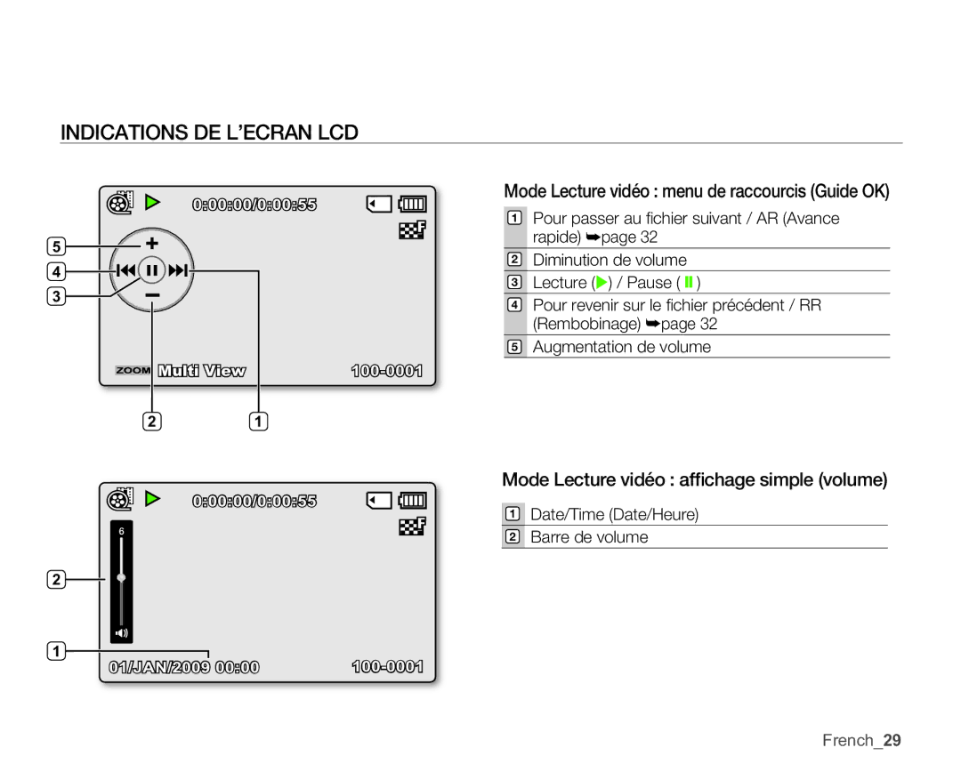 Samsung SMX-C10RP/EDC Mode Lecture vidéo menu de raccourcis Guide OK, Mode Lecture vidéo afﬁchage simple volume, French29 